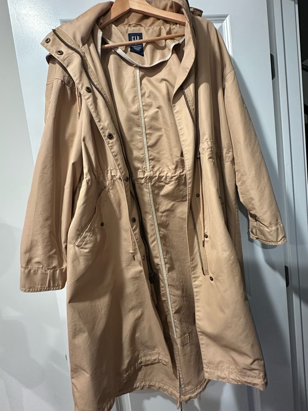 GAP Beige Hooded Trench Coat with Drawstring Waist